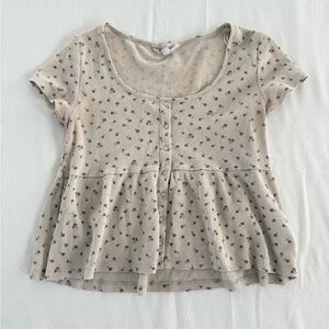 Pink Rose Size Medium Floral Ribbed Baby Doll Top Button Front Short Sleeve